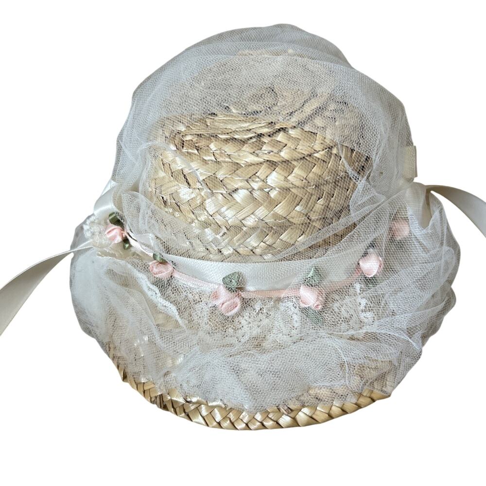 Vintage Doll STRAW Hat + flowers, Lace, Tulle Pretty Pink White